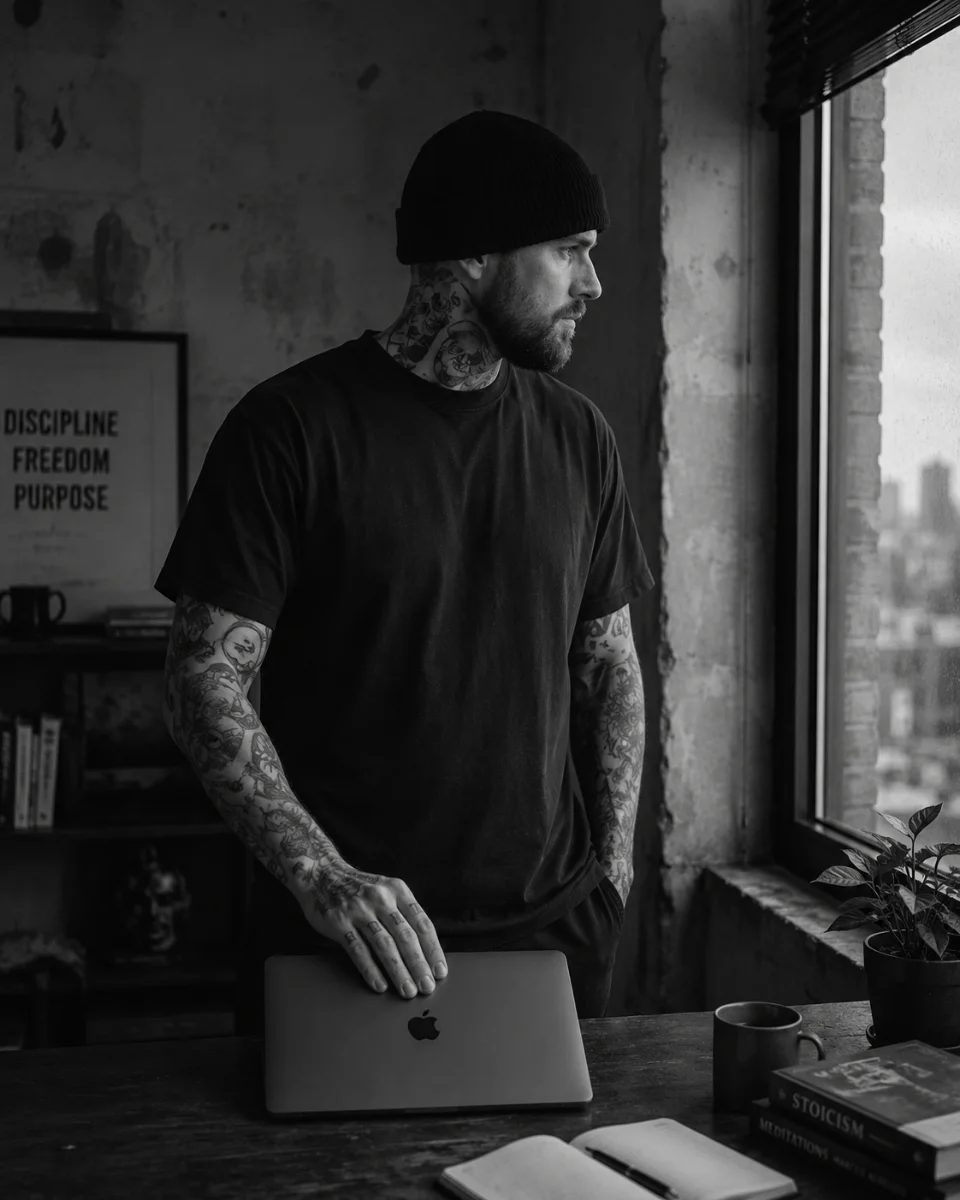 A man at his desk closing his laptop and turning toward the window in the early morning